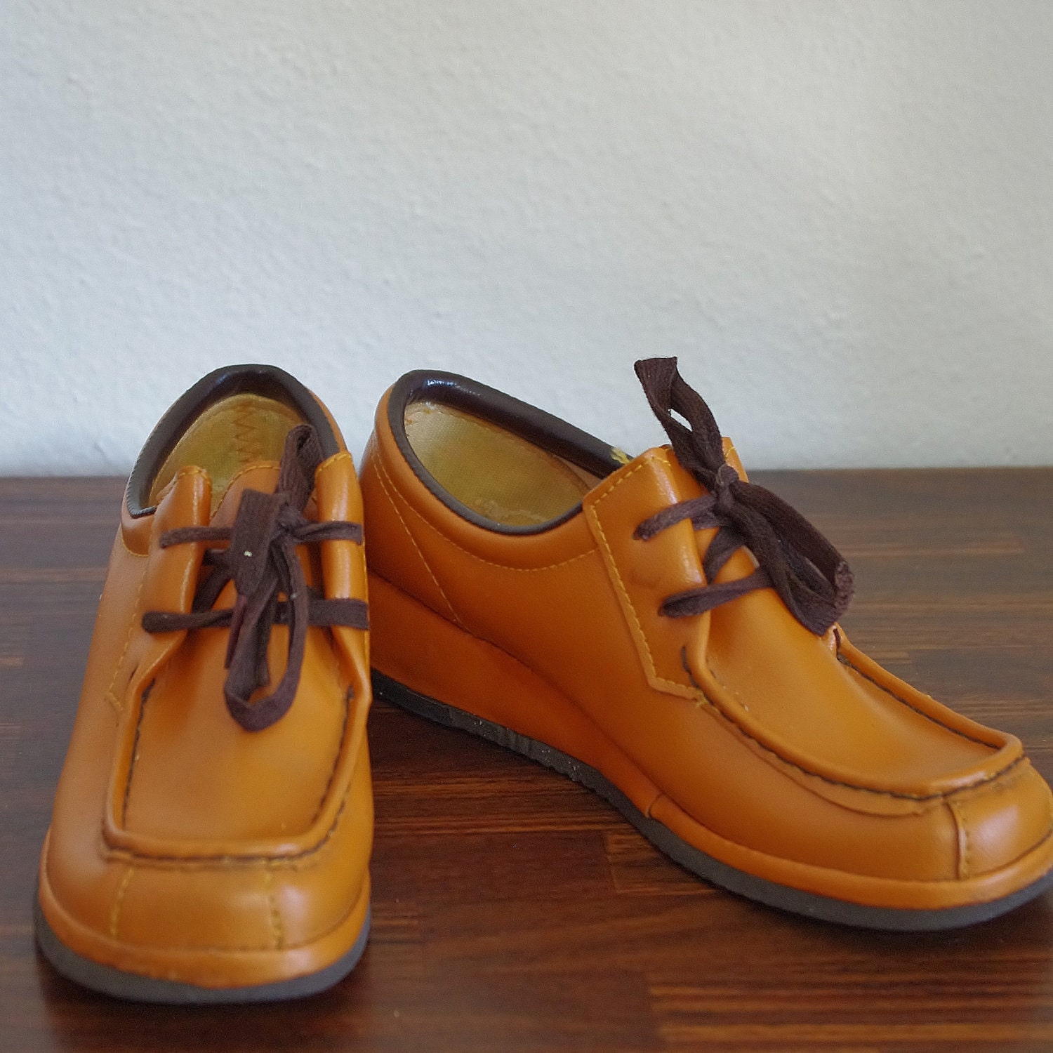Vintage 70's Wedge Shoes -- Size 7 -- Orange Yellow Loafers