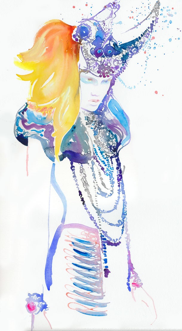 Original Fashion Illustration Painting, Original Watercolour Fashion Illustration, Titled: Blueink 2