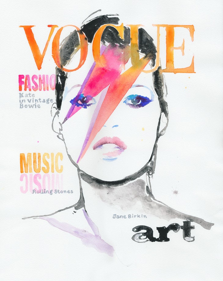 Print of Fashion Illustration, Watercolor Illustration - Vintage Kate Moss on the cover of Vogue