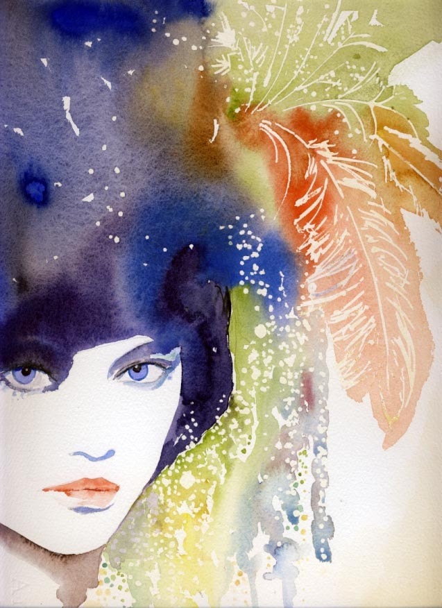 Print of Watercolor Painting, Fashion Illustration. Titled - Feathers
