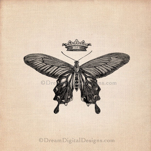 Printable Image of Butterfly and Crown Digital Download for Fabric Transfer Pillows Burlap Scrapbooking No.239