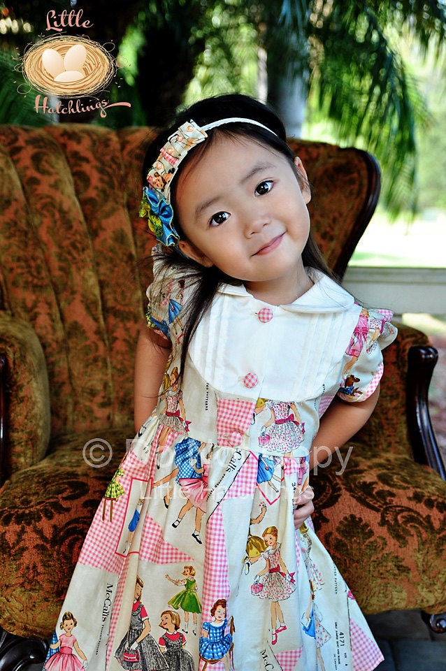 Pink, Blue, Green, Cream, Retro Vintage Pattern Dress, for girls, toddlers,