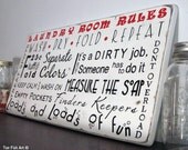 Laundry Room Rules - Horizontal Typography Word Art  in Weather Worn White with Rich Black and Red