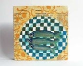 Fish On A Plate original kitchen art on wood block 5 x 5 inches orange blue checkered home decor