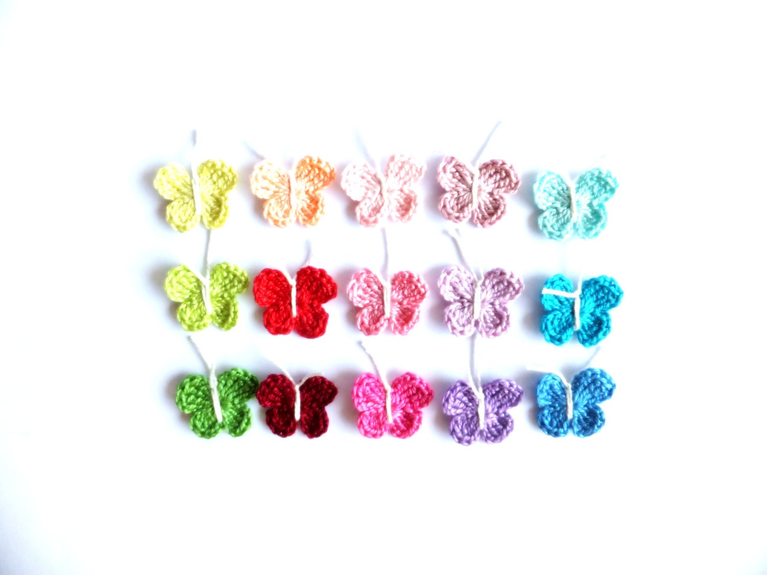 Crocheted butterflies applique, embellishment, scrapbooking, decorations small rainbow /set of 15/
