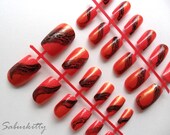 Flames Nail Art fire hand painted fake red tangerine black artificial design textured manicure w/Glue