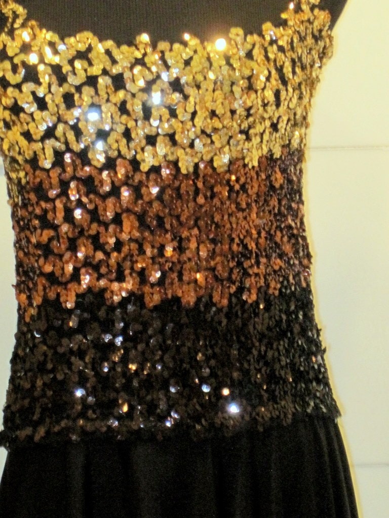 gold bronze black SEQUIN dress with hankerchief bottom