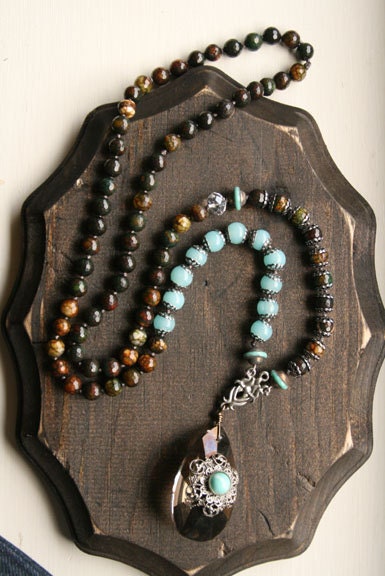 Long Turquoise and Earth Toned Beaded Crystal Pendant Necklace with Vintage