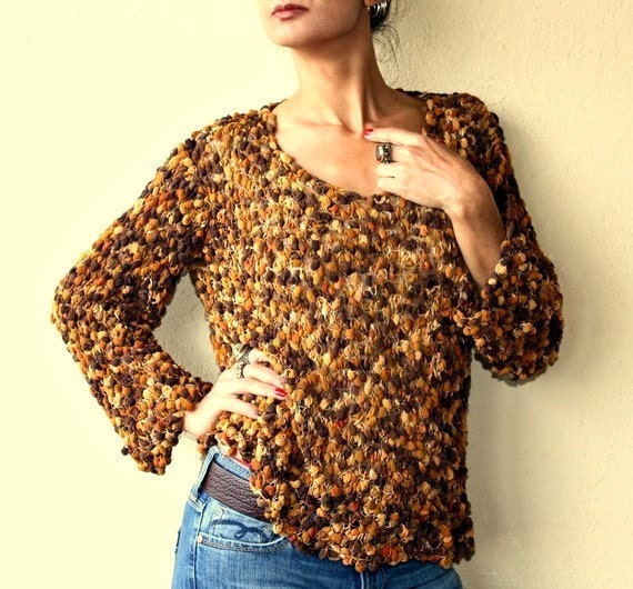 Crisp Nights of Dardanelles / Hand Knit Tunic Chunky Loose Sweater Blouse Ivory Bronze Brown Mustard Long Sleeved V Neck Top
