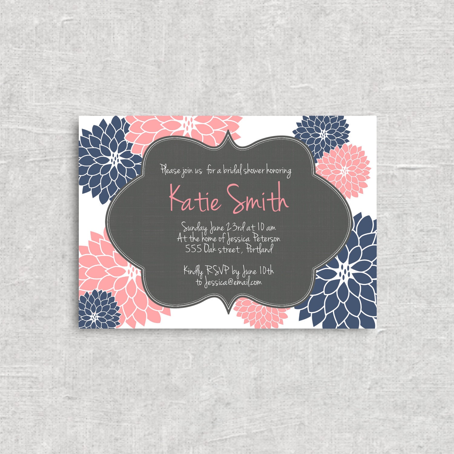 Navy & Pink Floral Bridal or Baby Shower Invitation - Choose your Colors - Printable Digital File.