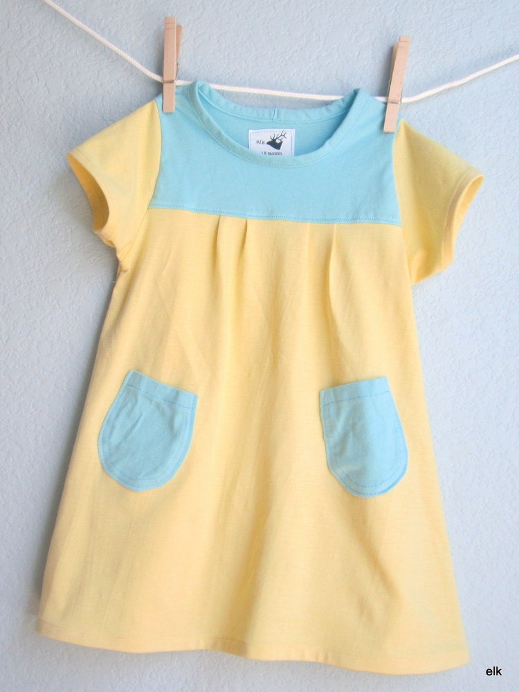 Girls Dress - Sunshine Yellow and Baby Blue Tucks and Pockets, READY TO SHIP (12m, 18m, 2t)