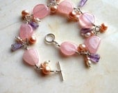 Rose Quartz Bracelet Pearls Amethyst Accents Wire Wrapped Sterling Silver