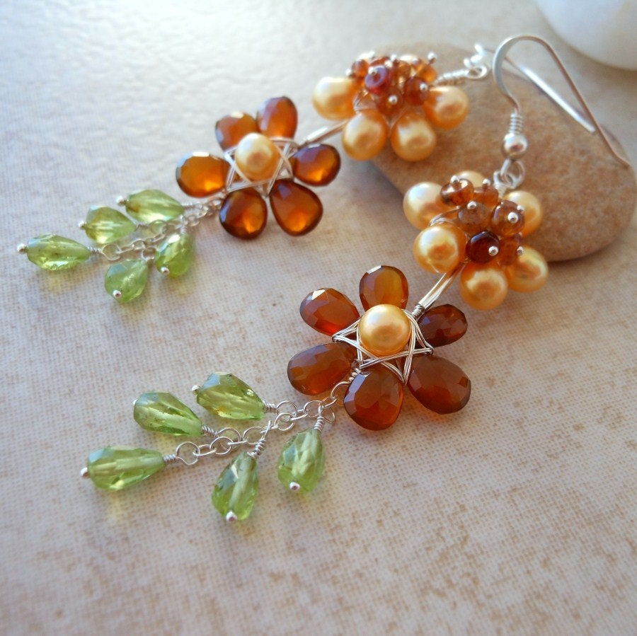 Hessonite Garnet Sapphire Pearl Peridot Wire Wrapped Flower Earrings Sterling Silver