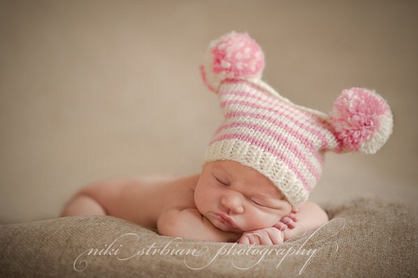 Newborn Baby Girl Pom Pom Hat / Box Hat / Jester Hat, Soft Pink and Cream, Newborn Baby Girl Photo Prop, RTS