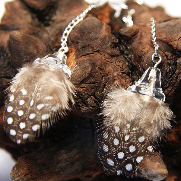 Dream Feather Earrings. Cute Baby Polka Dot. Guinea Feathers Dangle. Sterling Silver Chain. Tagt team