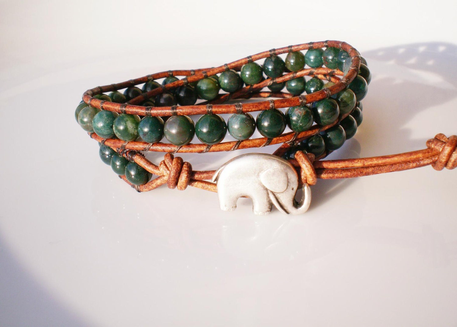 Green Jasper Bracelet Leather Wrap w Elephant