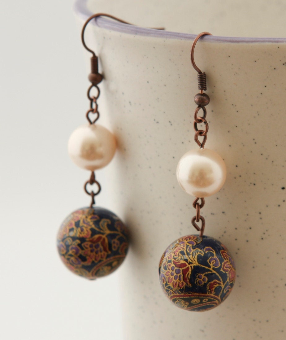 Dark Blue Japanese beads and Shell Pearls Earrings