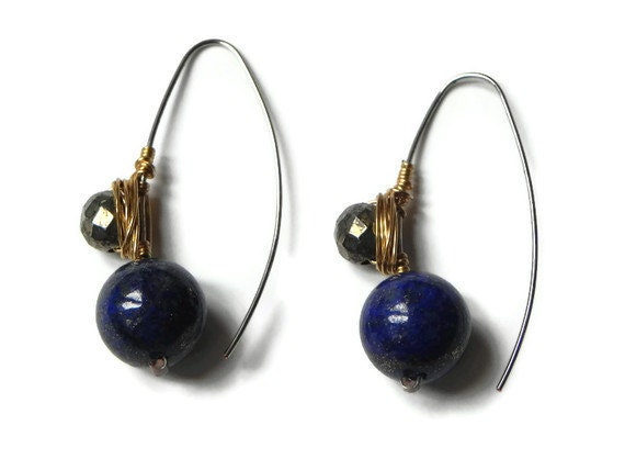 lapis drop earrings, pyrite hook earrings, Lapis and Pyrite beadwork earrings, blue earrings