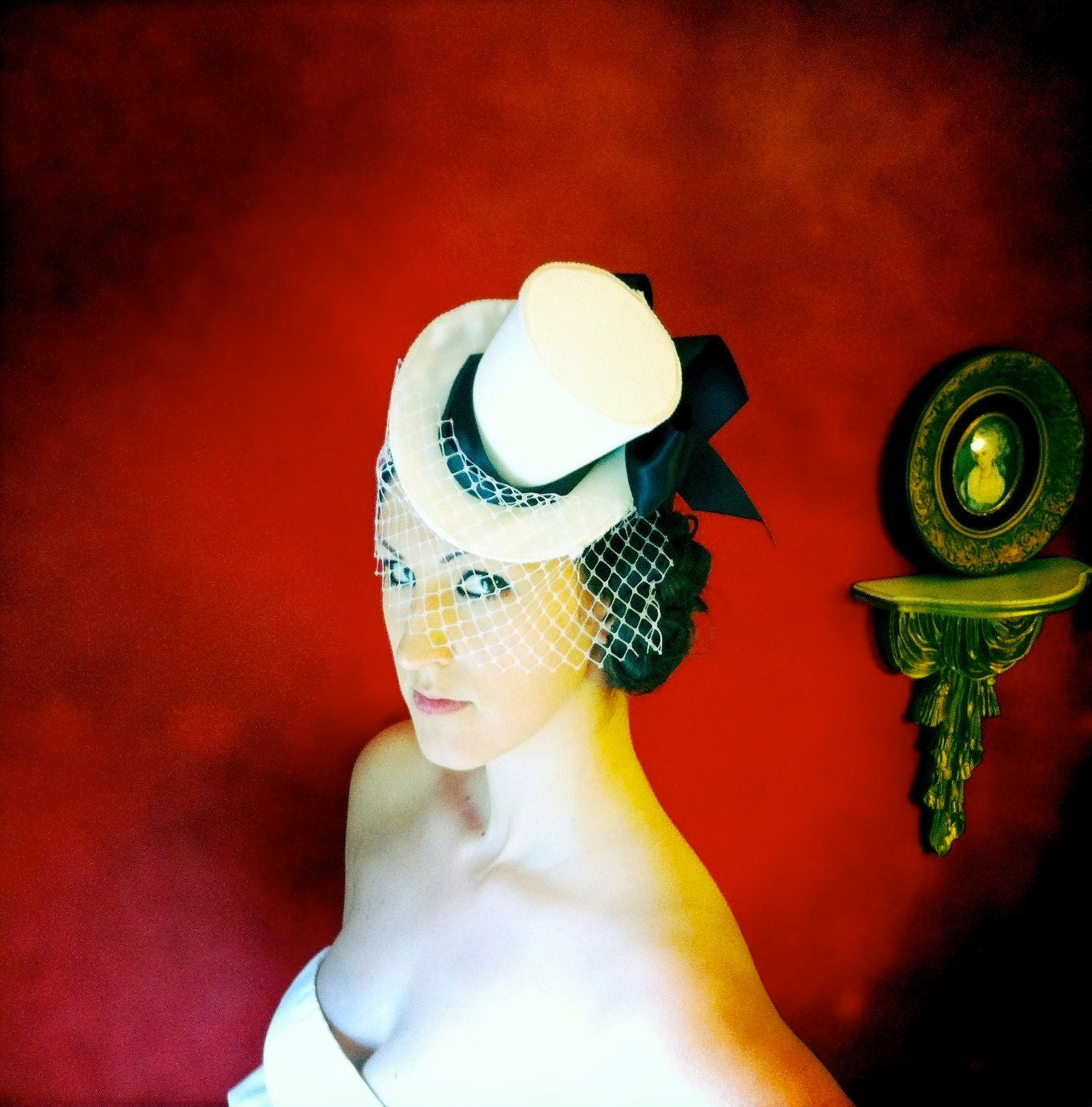 Black and White Mini Top Hat with Birdcage Veil