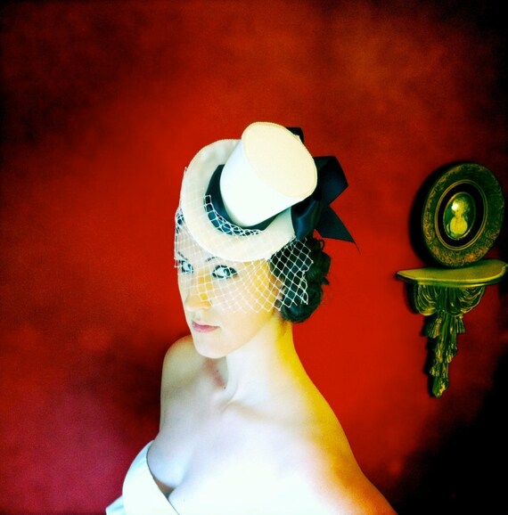 Black and White Mini Top Hat with Birdcage Veil