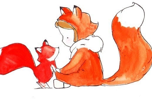 Fox Girl  Archival Print 8x10 brown hair Baby nursery print, childrens art print, kids room decor, kids wall art, child decor, baby art,