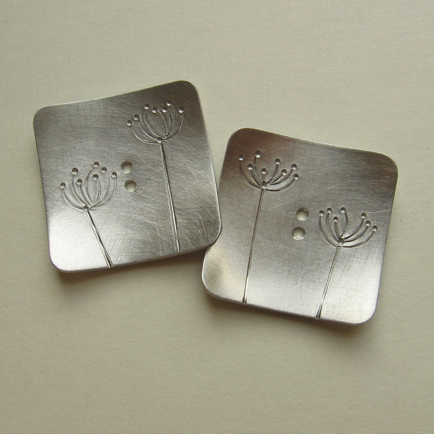 Dandelions Button Set         metal square 1 inch silver tone asymmetric pattern handmade queen annes lace