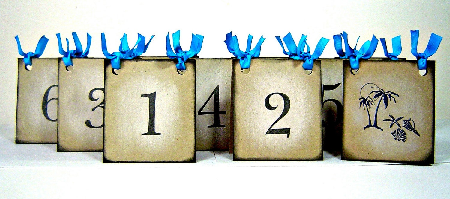 Wedding table number tents, beach decor, vintage inspired place cards, set of 15, dual sided
