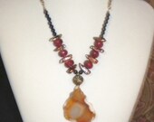 Free Form AGATE SLAB NECKLACE with Biwa Pearls, Burgundy Quarts and Brass