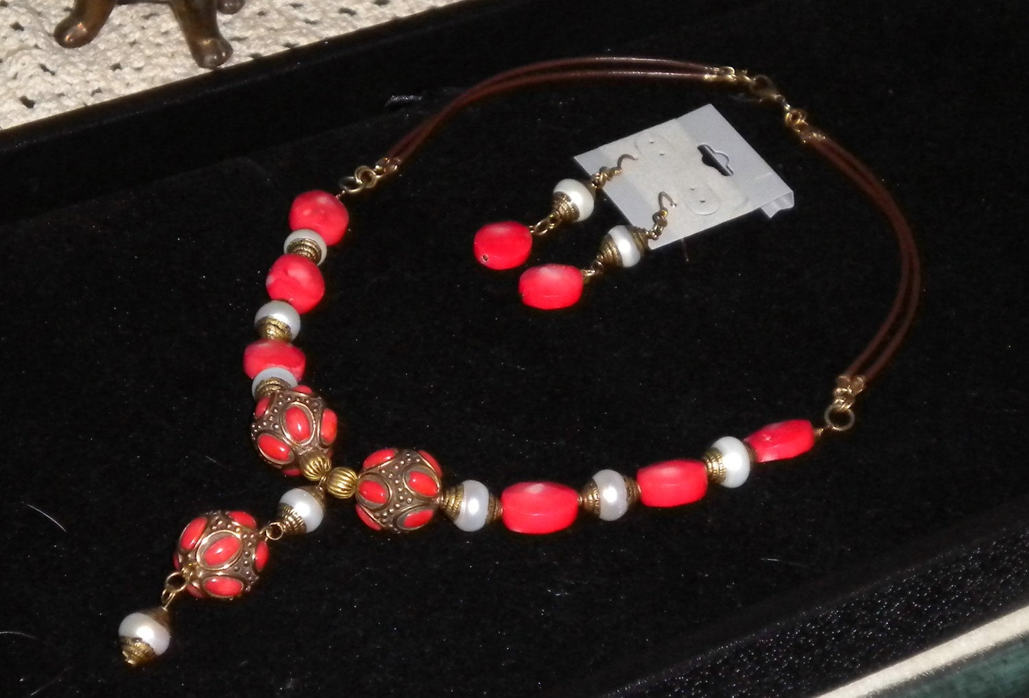 Beautiful Orange Coral and Pearls with Brass Necklace