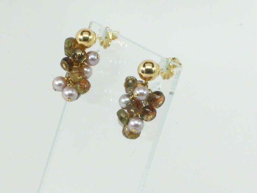 14kt Solid Gold Post Cluster Earrings, with Faceted Andalusite, Natural Pink Pearls, AC0598