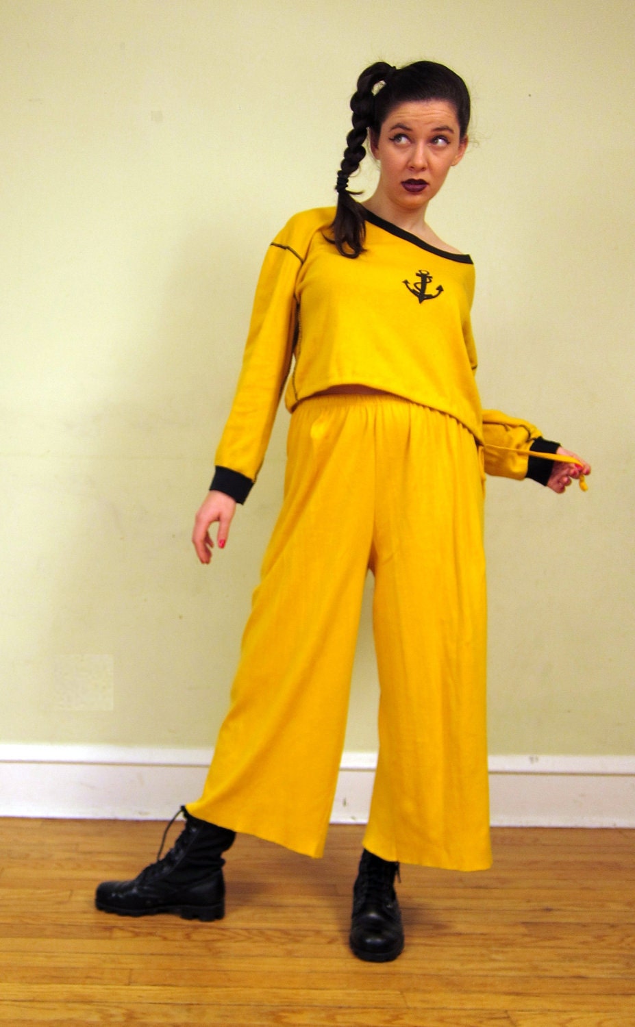 Vintage 1980s Sonia Rykiel Yellow Pants and Top Ensemble w/Blue Anchor