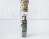 Real Deer Antler Carved Skulls on top of Pyrite Stones in Glass Cork Vial