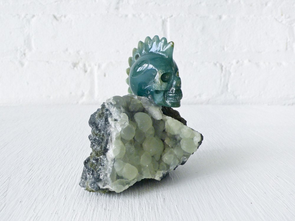 10% SALE - Chief Jasper- Ocean Jasper Crystal Carved Skull on Prehnite Crystal Cluster