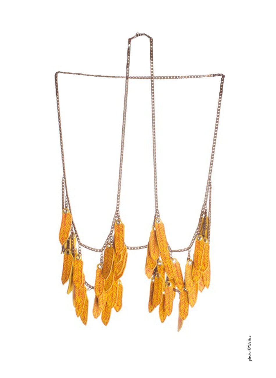Tribal necklace red feather on yellow leather harness body chain