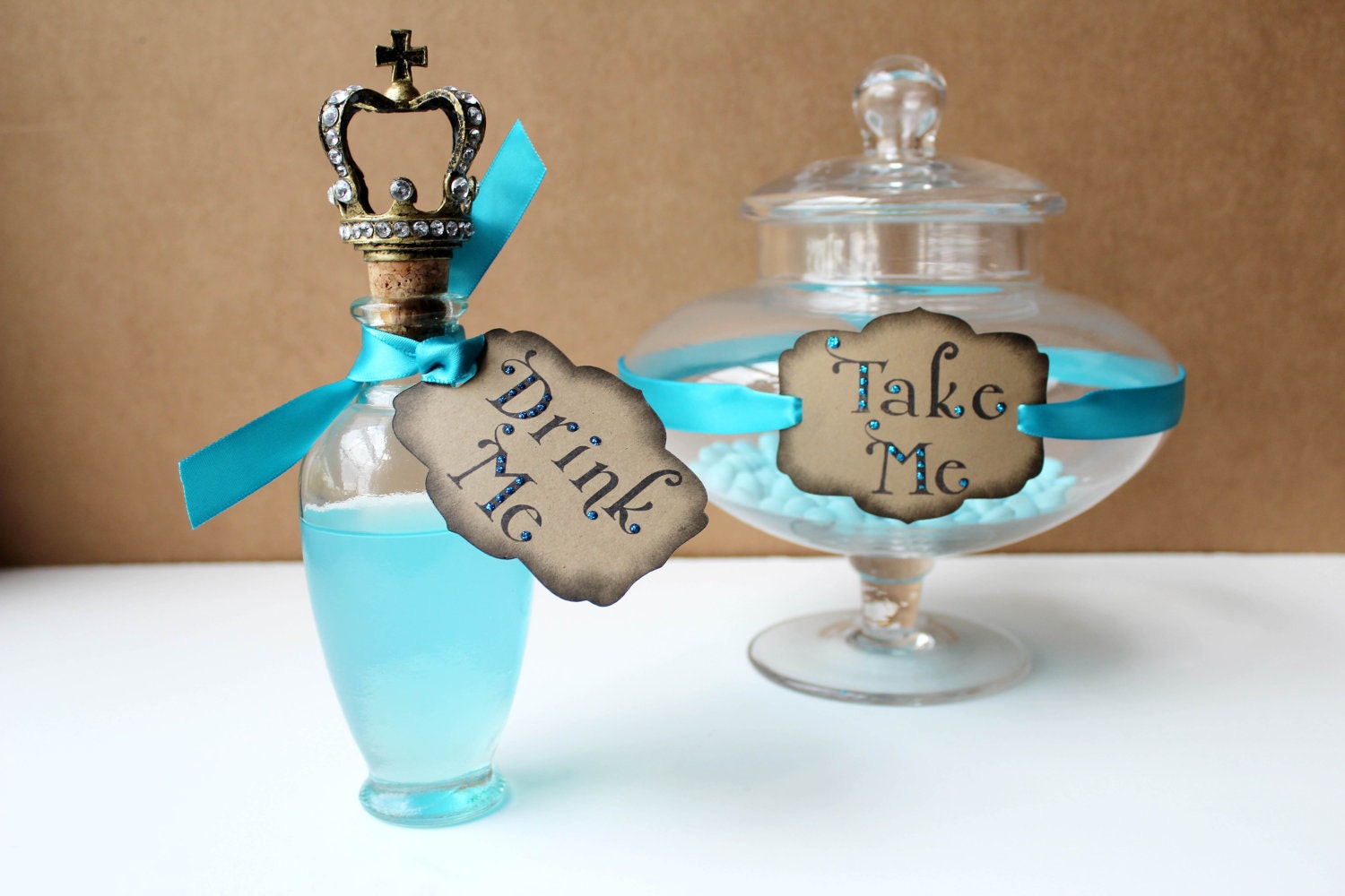 Alice in Wonderland Wedding "Drink Me" Party Tags- Kraft/Turquoise- Set of 12