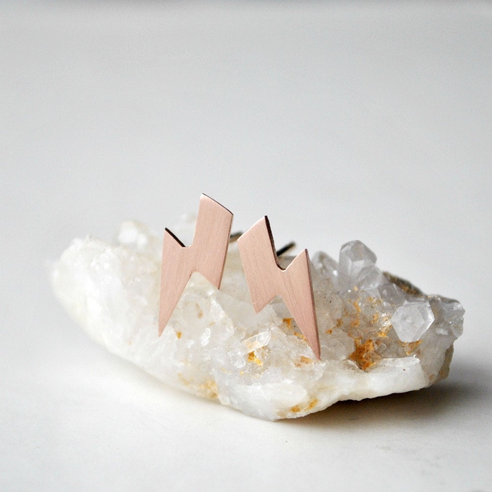 Rose Gold Lightning Bolt Stud Earrings 14k solid rose gold and 14k yellow gold posts & butterflies