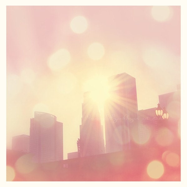 downtown LA photography, Dtla photograph, photo of Los Angeles, LA skyline at sunset, city of lights romantic pink buildings architecture