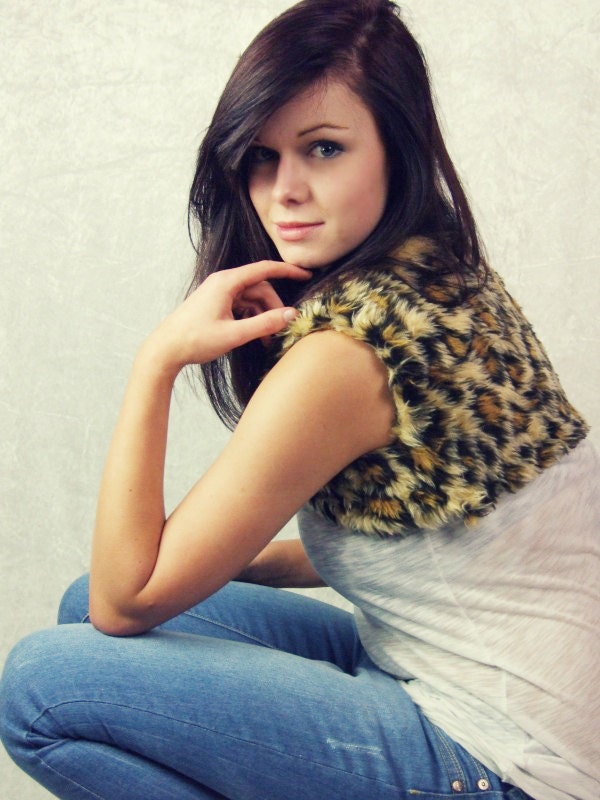 Leopard Fur Bolero, Brown, Animal Print, Ladies, Faux Fur Shrug, Lined Cropped Vest, Waistcoat, S, Small, Tribal, Boho, Festival, Clothing