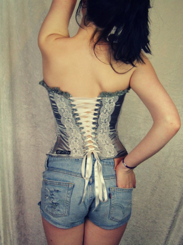 Silver Corset, White, UV, Reactive, Lace up, Size, S, Small, Lolita, Ladies, Evening, Party, Wear, Clothes, OOAK, Neon, Pure Spirit Clothing
