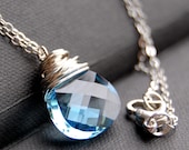Light Blue Crystal Necklace, Aquamarine Swarovski Crystal Wire Wrapped Pendant, Sterling Silver Cable Chain