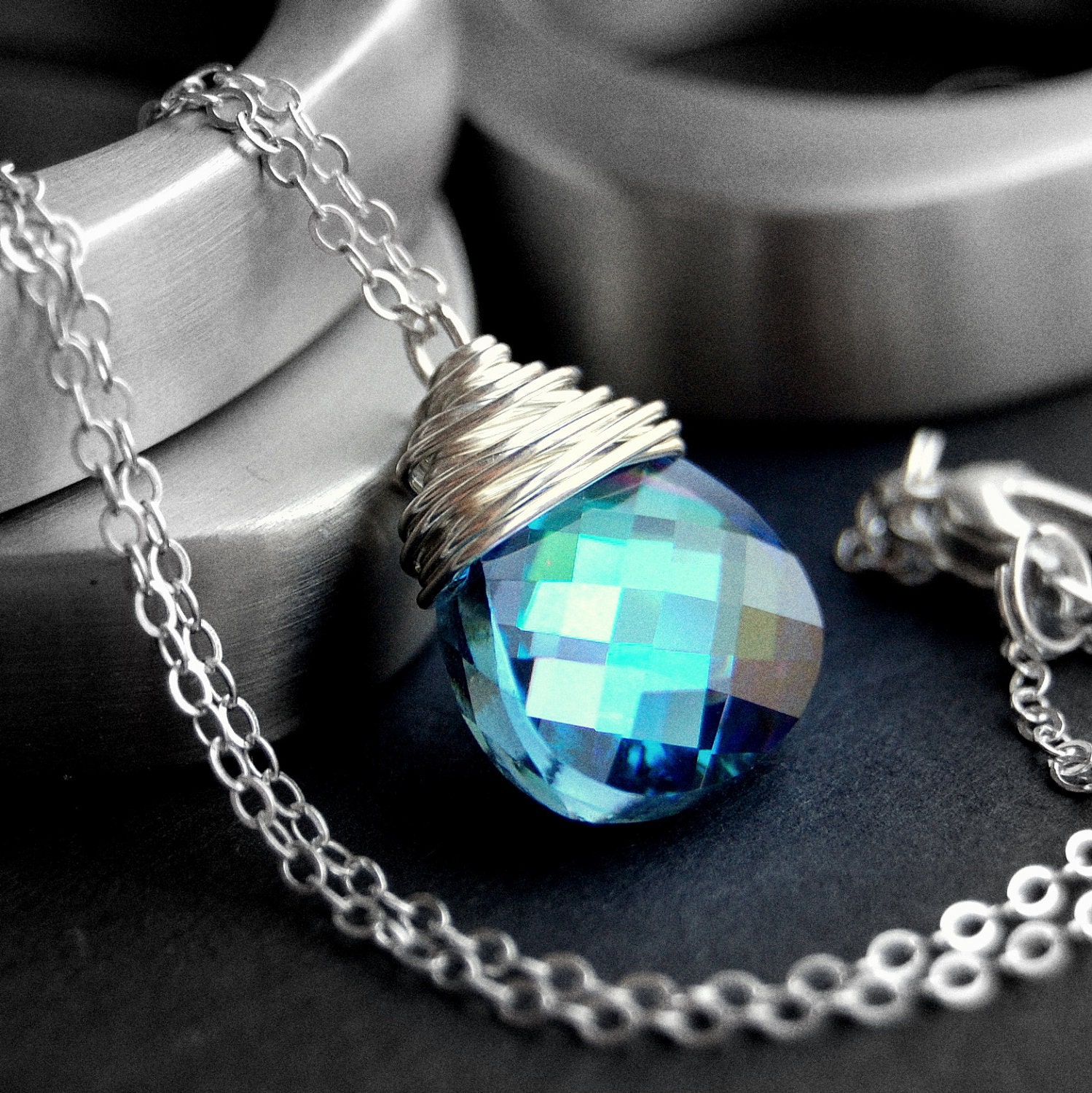 Blue Crystal Pendant Necklace, Swarovski Crystal Wire Wrapped Aqua Vitrail Light Flat Pear Pendant on Sterling Silver Cable Chain
