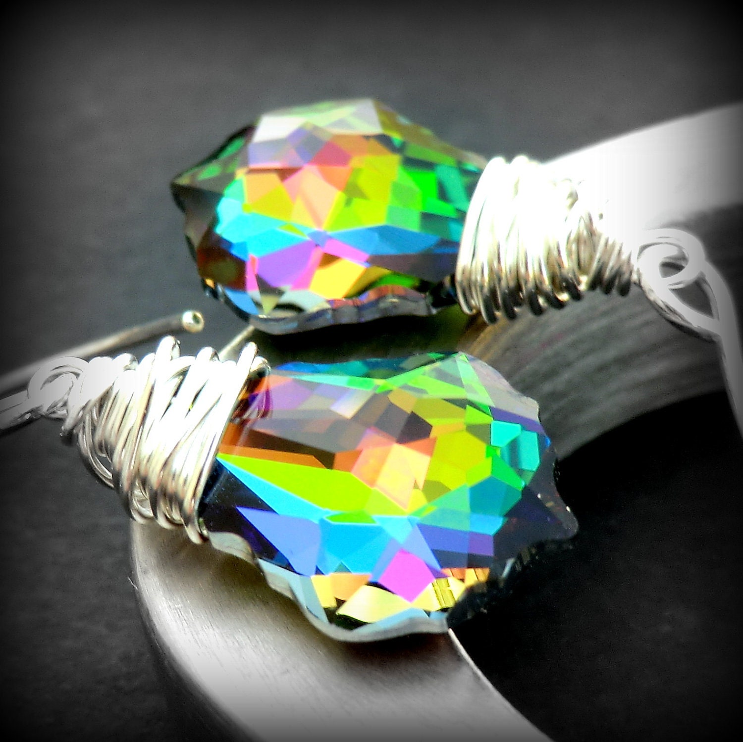 Rainbow Earrings, Multicolor Swarovski Crystal Wire Wrapped Baroque Briolettes, Sterling Silver Earwires