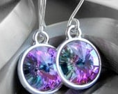 Swarovski Crystal Earrings, Purple, Pink, Green Vitrail Light Crystal Rivoli, Sterling Silver Earwires
