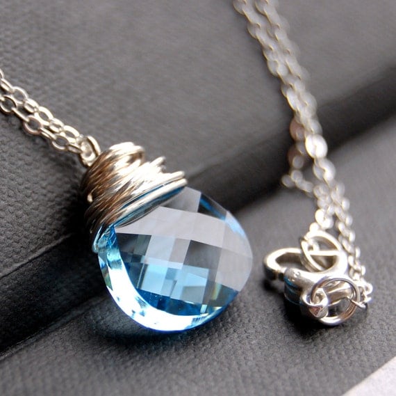 Light Blue Crystal Necklace, Aquamarine Swarovski Crystal Wire Wrapped Pendant, Sterling Silver Cable Chain
