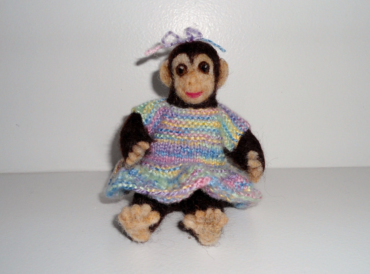 Monkey Girl Baby needle felted animal with hand knit dress