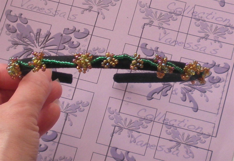 Black  Flower Headband with Copper, Yellow Glass Bead Flowers - Party Headbands - Beaded Accessories - Prom Accessory - Glass Bead Crown