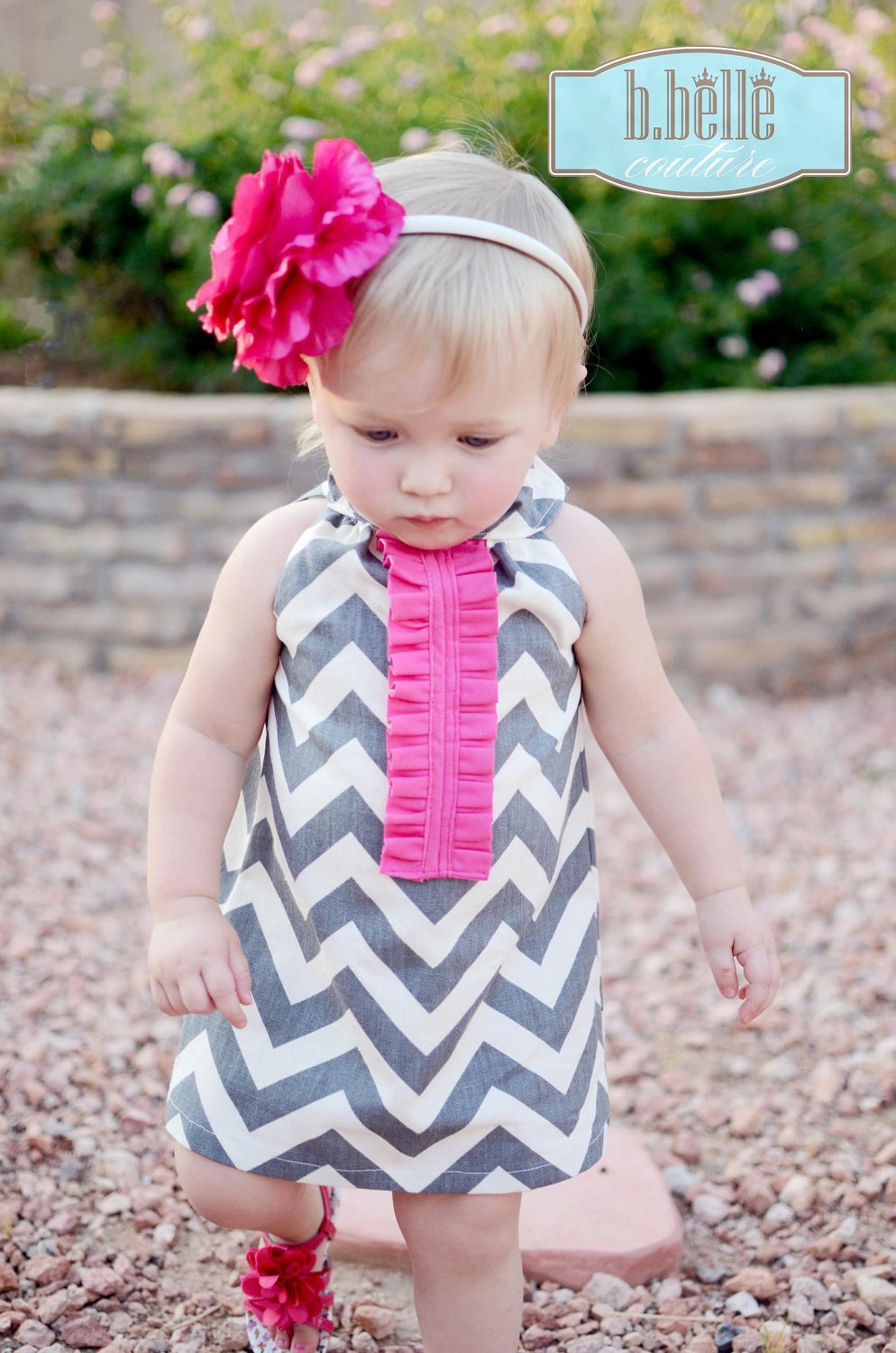 Girls Chevron Halter Dress with Pink Ruffle size 12 months to 4