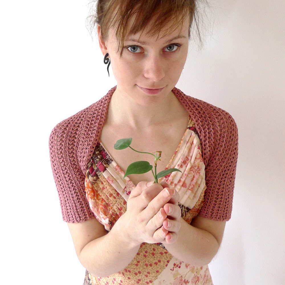 Soft Pink Crochet Bolero Shrug - Organic Cotton - Short Sleeve Spring Summer Cropped Cardigan - Natural Womens Clothing - size XS to S