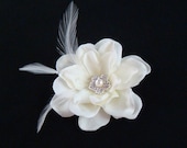 Beach Bride Hair Flower / ivory hair flower with rhinestone centerpiece and feathers / feather flower bridal hair clip