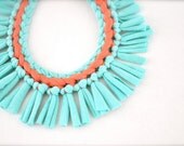 Turquoise Coral Statement Necklace - Pastel Tribal Upcycled Fabric Jewelry Fringe
